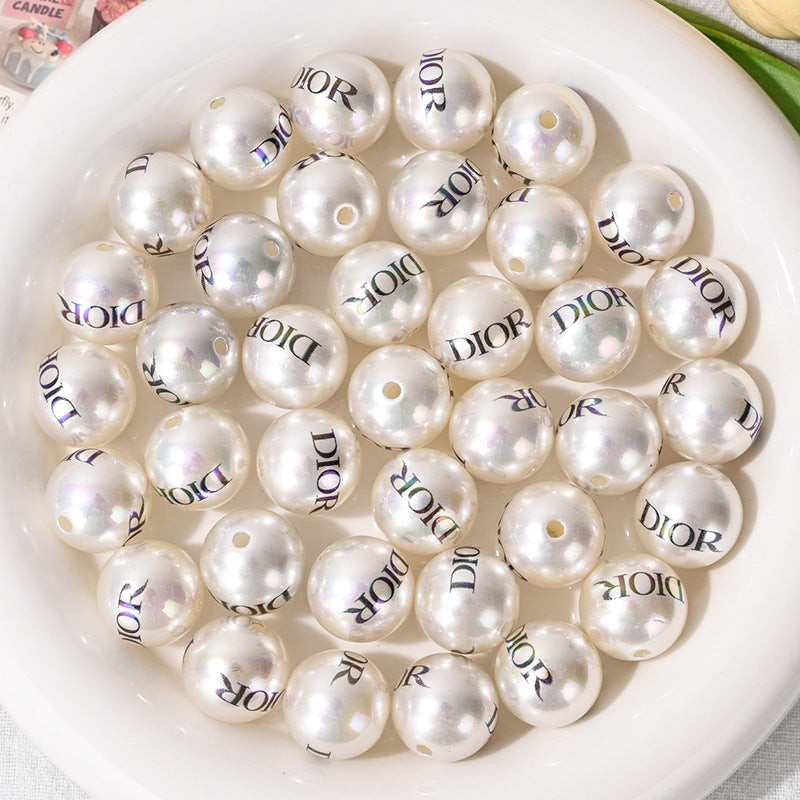 16mm Designer Printed Round Bead Floral Imitation Pearl Straight Hole Beads for DIY Phone Chain Accessories