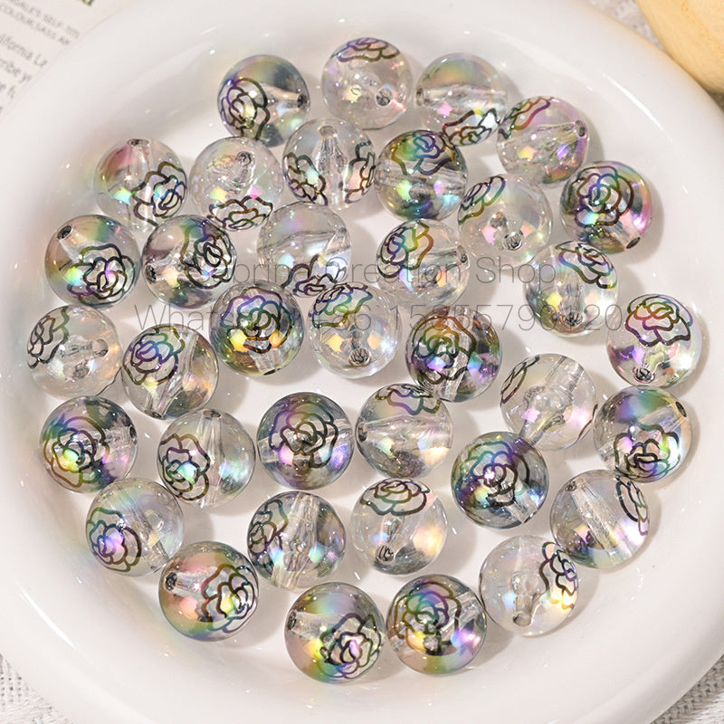 16mm Designer Printed Round Bead Floral Imitation Pearl Straight Hole Beads for DIY Phone Chain Accessories