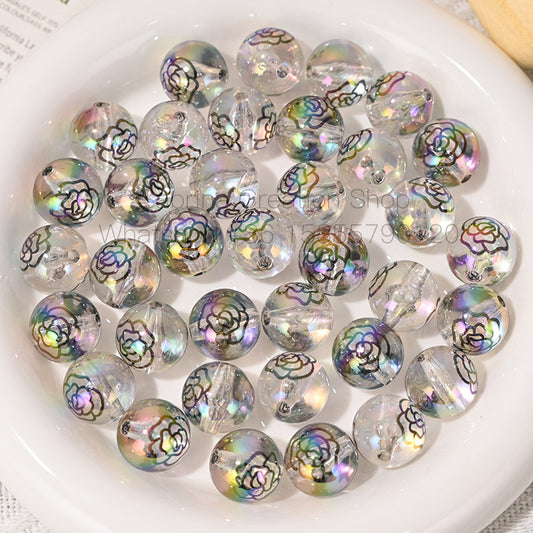 16mm Designer Printed Round Bead Floral Imitation Pearl Straight Hole Beads for DIY Phone Chain Accessories