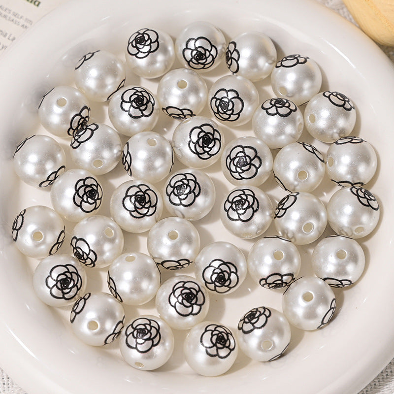 16mm Designer Printed Round Bead Floral Imitation Pearl Straight Hole Beads for DIY Phone Chain Accessories