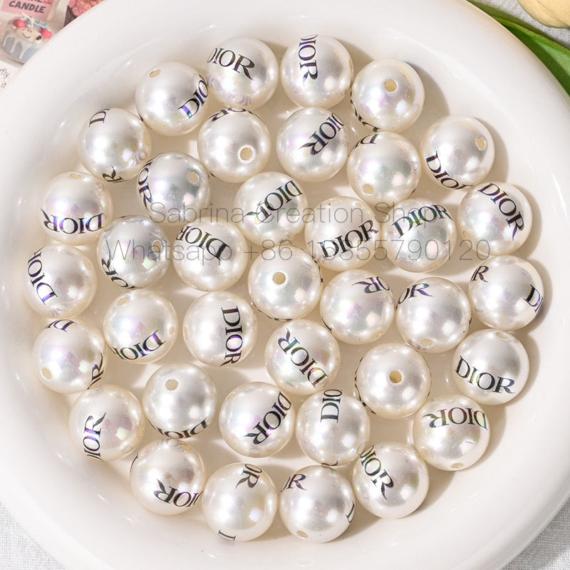 16mm Designer Printed Round Bead Floral Imitation Pearl Straight Hole Beads for DIY Phone Chain Accessories