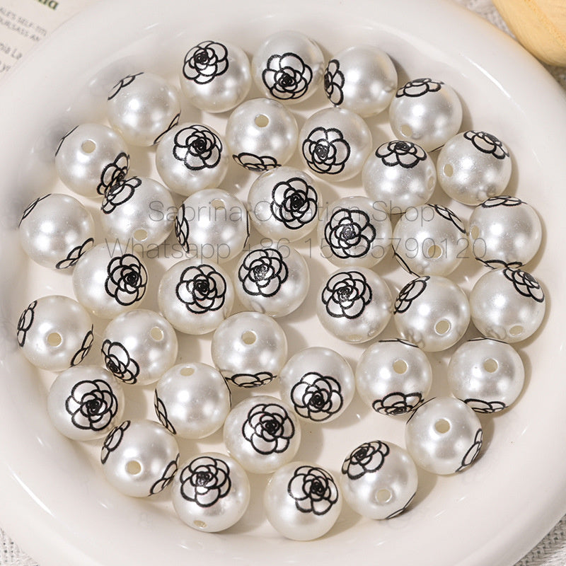 16mm Designer Printed Round Bead Floral Imitation Pearl Straight Hole Beads for DIY Phone Chain Accessories