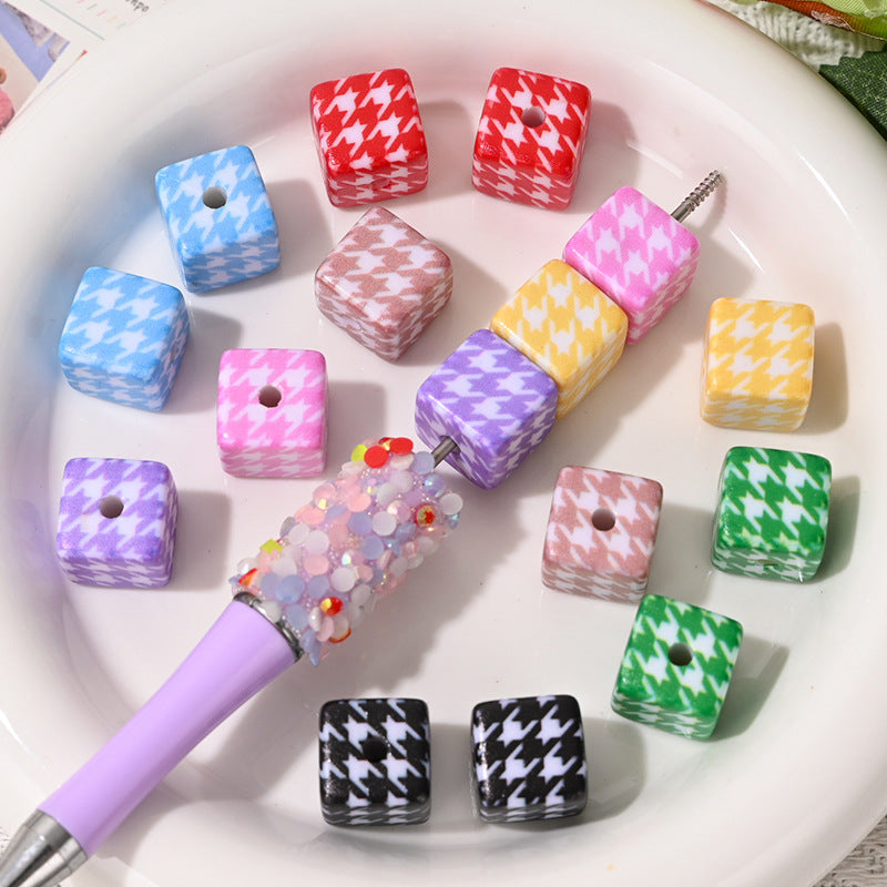 Versatile Acrylic Houndstooth 14mm Square Hole Beads DIY Phone Chain Bag Pendant Keychain Car Hanging Material
