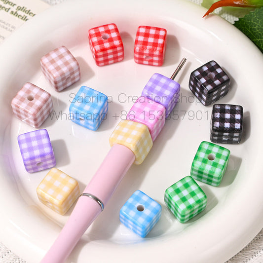 Hot-Selling Versatile Plaid Square Through-Hole Beads DIY Phone Chain Keychain Hair Rope Beaded Pen Bag Hanging Loose Beads Wholesale