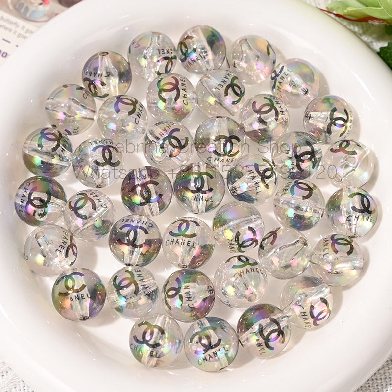 16mm Designer Printed Round Bead Floral Imitation Pearl Straight Hole Beads for DIY Phone Chain Accessories