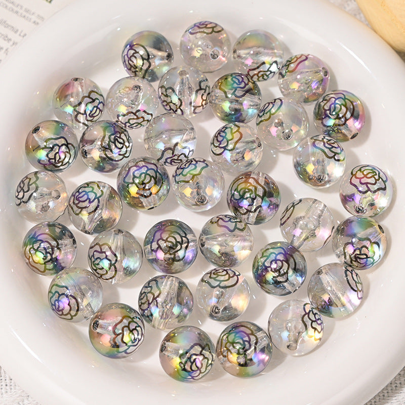 16mm Designer Printed Round Bead Floral Imitation Pearl Straight Hole Beads for DIY Phone Chain Accessories