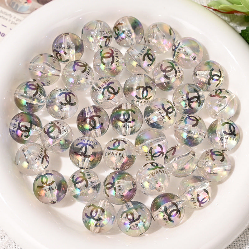 16mm Designer Printed Round Bead Floral Imitation Pearl Straight Hole Beads for DIY Phone Chain Accessories