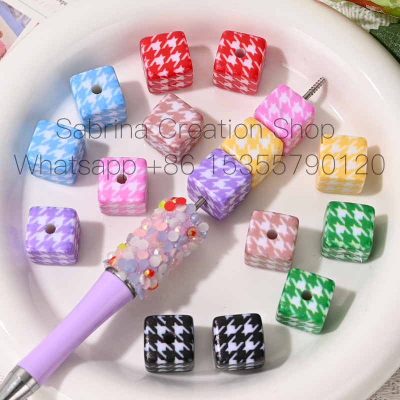 Versatile Acrylic Houndstooth 14mm Square Hole Beads DIY Phone Chain Bag Pendant Keychain Car Hanging Material
